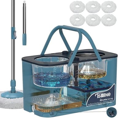 Spin Mop for Large Homes & Big Floor Cleaning, Clean & Dirty Water Separation Mop Bucket for Family & Pet Homes,4-Chamber System, Glide Wheels, Safe for Hardwood & Tile, Adjustable Handle, 6 Mop Heads