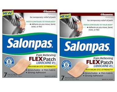 Salonpas Temporary Pain Relieving Flex Patch with Lidocaine 4%, Maximum OTC Strength, Stretchable Thin Fabric, Strong Adhesion, Contours to Body, Apply for Up to 8 Hours 7 ct (Pack of 2)