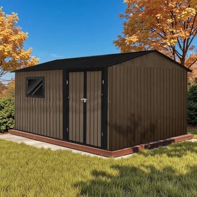 12' x 10' XL Outdoor Storage Shed, Sturdy Metal Building w/Floor and Operable Window for Garden, Backyard, Poolside and Lawn, Brown