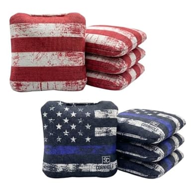SC Cornhole Games Professional Dual Sided Cornhole Bags- 16 oz 6x6 w/Premium Resin Fill - Official Tournament Slide/Stick Pro Bean Bags - Regulation/Approved (Blue Line/Stripes)