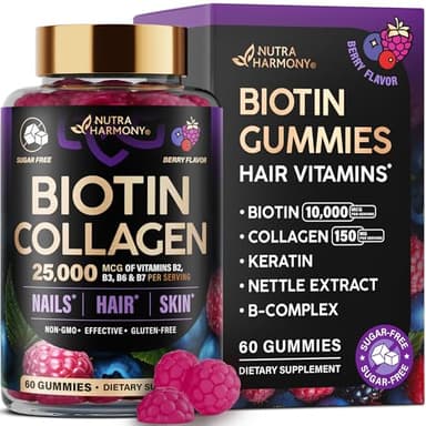 Biotin Gummies with Collagen - Hair Growth Support, Skin, & Nail Strength - for Women & Men - Biotin 10000mcg | Keratin | Hyaluronic Acid | B-Complex | Nettle - Sugar-Free, Mixed Berry - 60 Gummies