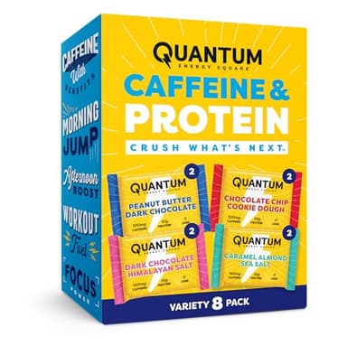 Quantum Energy Square: Energy Bar with Caffeine & 10g Protein. Delicious Healthy Snack On The Go. (Vegan, Gluten-free, Soy-free, Dairy-free) (Variety 8-Pack)