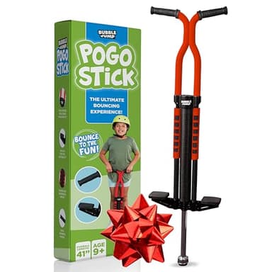 BUBBLE JUMP Pogo Stick for Kids Age 10 & up Red - for Boys, Girls, Teens & Adults 80 to 160 Lbs - Easy Grip Rubber Handle Master Jumper Pogo Sticks - High Jumping Kids Pogo Stick