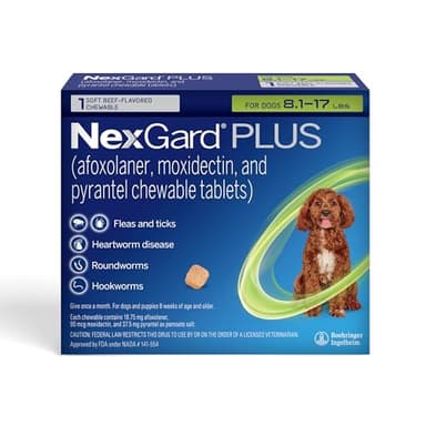 NexGard Plus (afoxolaner, moxidectin, and pyrantel) Flea and Tick Protection & Heartworm Preventive for Dogs Soft Beef Flavored Chewables, 8.1-17 lbs. (Green) 1 Chew (1 Month Supply)