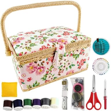 NROZIET Sewing Basket for Sewing Supplies, Wooden Sewing Kit Storage Box with Accessories, Vintage Sewing Kits Carrying Organizer with Handle for Embroidery, DIY Supplies, Beginner, Professional