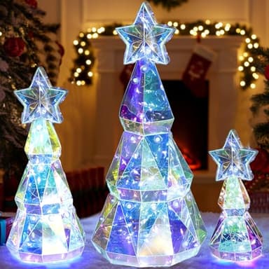Gemscream Set of 3 Size Prismatic Iridescent Christmas Trees with LED Lights Holographic Christmas Tree Glow Colorful Lights Prismatic Xmas Decoration for Indoor Outdoor Desktop Decor Holiday Gift