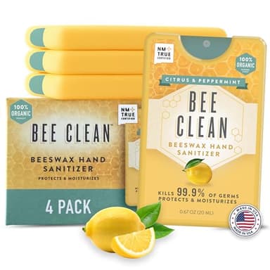 Bee Clean 4-Pack Citrus Peppermint Hand Sanitizer Spray - Travel Size Mist Spray with Organic Ethyl Alcohol, Beeswax - Moisturizing Hand Sanitizer with Essential Oils, Non-Toxic, Made in USA
