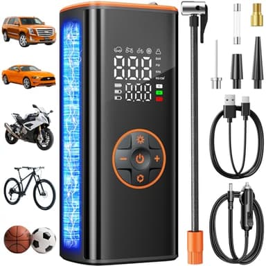 Sockspree Tire Inflator Portable Air Compressor, Cordless Tire Inflator for Car Tires with Digital Pressure Gauge and Auto Shutoff, Dual Power Air Pump with Battery and 12V Car Adapter