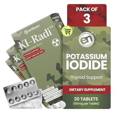 EarthNutri KI-Radi™ Potassium Iodide Tablets 65 mg – High Potency Iodine Supplement for Thyroid Support, Emergency Preparedness – Potassium Supplement in Foil-Foil Blister – 60 Tablets (3 Pack of 20)