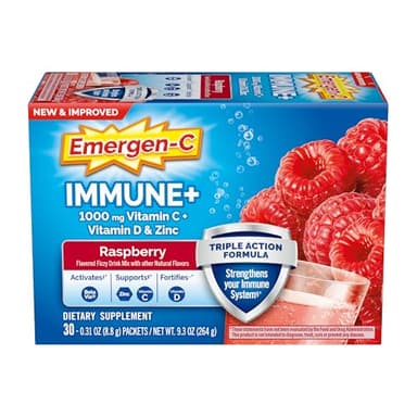 Emergen-C Immune+ Triple Action Immune Support Powder, BetaVia (R), 1000mg Vitamin C, B Vitamins, Vitamin D and Antioxidants, Raspberry – 30 Count