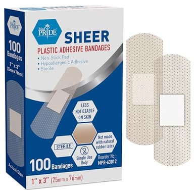 MED PRIDE Sheer Bandages Non Latex for Sensitive Skin, Sterile Plastic Strips with Nonstick Pad, Hypoallergenic Adhesive, 100 Pieces (1” x 3”)