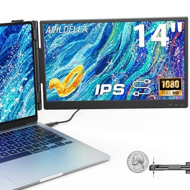 APILDELLA 14'' Dual Laptop Screen Extender, 1080P FHD Laptop Extended Monitor Portable with Speaker, Plug-Play Second Monitor for 13-16'' Laptops, Work with Mac, Window, Chrome
