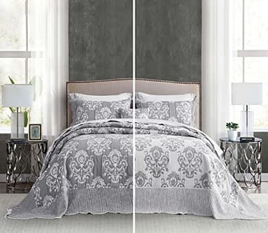HZ & HY Oversized King Bedspread 138x122 Extra Wide, Jacquard Matelasse Damask Pattern Design, Lightweight, Reversible, 5 Piece, 100% Microfiber, California/Alaskan King, Grey