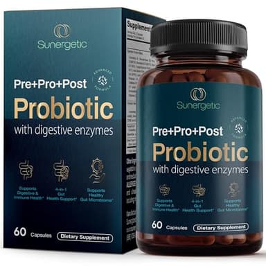 Premium 4-in-1 Probiotic Prebiotic, Postbiotic & Digestive Enzymes for Men & Women – Supports Gut, Digestion & Immunity –Complete Gut Health with Pre, Post, Probiotics & Digestive Enzymes–60 Capsules