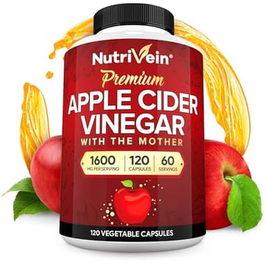 Nutrivein Premium Apple Cider Vinegar Supplements with Mother - 1600 mg - 120 Apple Cider Vinegar Capsules: ACV Pills for Digestion, Keto, Cleansing, and Balanced Nutrition