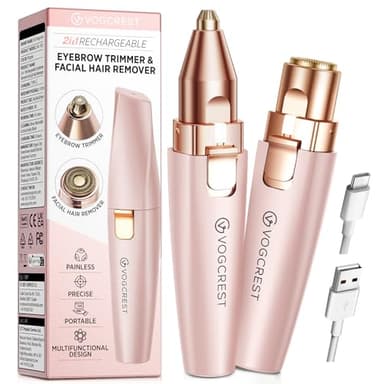 VG VOGCREST Eyebrow Facial Trimmer: 2 in1 Rechargeable Facial Hair Removal and Eyebrow Shaver - Face Lips Body Painless Facial Razor with Built-in LED Light (Pink)