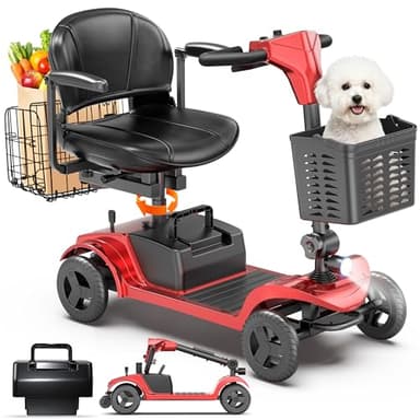 Mobility Scooter for Seniors and Adults, Foldable Portable Motorized Scooters with Removable Battery & Auto Brake - 300W, 15Miles Range, 300+ LBS Capacity, Swivel Seat, Dual Baskets (Bright Red)