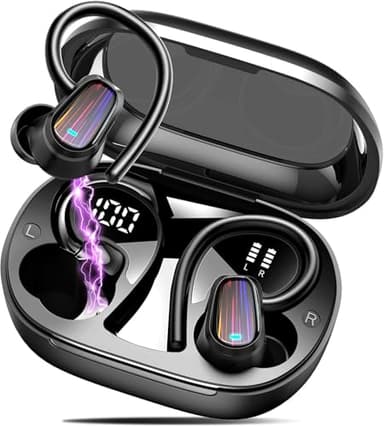 Wireless Earbuds, Bluetooth 5.4 Headphones Sport, Over Ear Buds with ENC Noise Canceling Mic, Deep Bass Stereo Ear Buds with Hook, 50H Playback, LED Display, IP7 Earphones for Workout Running, Black