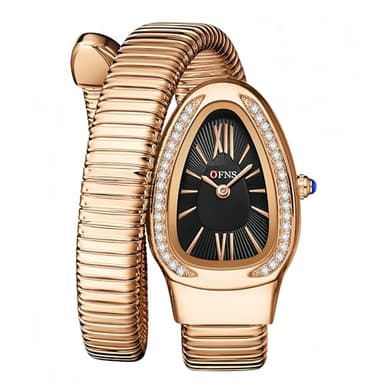 OFNS Snake Watches for Women Luxury Women's Snake Shape Bangle Watch Diamond Quartz Wristwatch Ladies with Roman Numerals Dial (Rose Gold-Black)