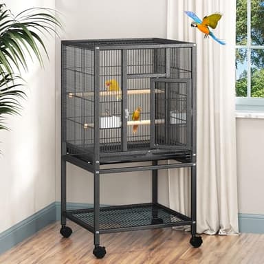 DWVO 41-inch Metal Bird Cage: Large Parrot Cages with Rolling Stand​ - Features Tray, Food Boxes & Wooden Perches for Parakeets, Lovebirds, Cockatiels, Finches and Pigeons, Black