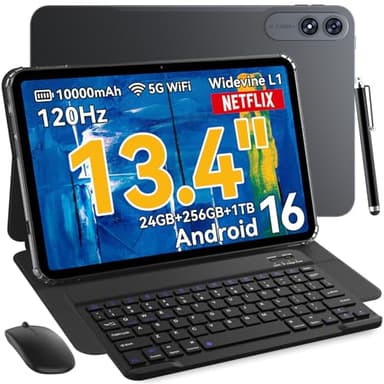 VekfulPC 13.4 inch Best Android 16 Tablets 2025 with Keyboard and Pen,13+ inch Large Screen 2-in-1 Tablet PC with Case, Stylus, Mouse | Gemini AI Gaming Tablet, 24GB+256GB, 120Hz, Octa-Core, 10000mAh