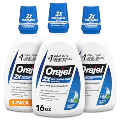Orajel Nonseptic Mouth Sore Rinse 16oz, Soothing Mint Flavor, Provides Pain Relief, Promotes Healing, 3-Pack