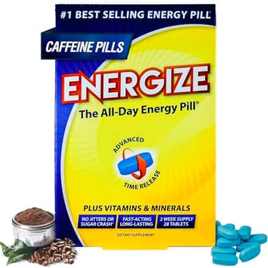 Energize Caffeine Pills - Fast Acting Energy Pill - Healthy Focus Brain Supplement - Improved Performance, Alertness, and Clarity - All Day Energy, No Jitters, No Crash - 28 Time Released Tablets