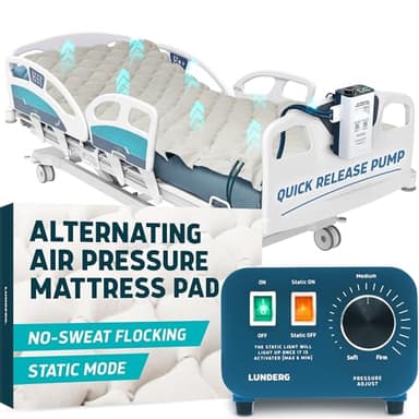 Lunderg Alternating Air Pressure Mattress Pad with Static Mode & Flocking - Comfortable Bed Sore Prevention - Includes Mattress Topper for Hospital Bed or Home & Quiet Pump - Recommended by Doctors