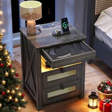 ACTKISS Night Stand with Gun Drawer, Bedside Table with Charger Station & LED Human Sensor Light, Gun Nightstand End Tables Bedroom Living Room, Rustic