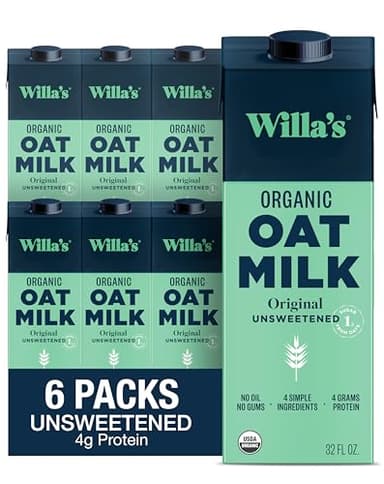Willa's Organic Oat Milk 32 oz - Unsweetened Original Oatmilk, Non-GMO, Bobby Approved, Shelf Stable, Low Sugar, Non-Dairy Vegan Milk, Made from Whole Oats, No Oil, No Gums - 6 Pack