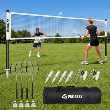 Patiassy Badminton Set for Backyard, Outdoor Badminton Net with Anti-Sag Design, 4 Professional Badminton Rackets, 4 Shuttlecocks and Carry Bag for Lawn or Beach