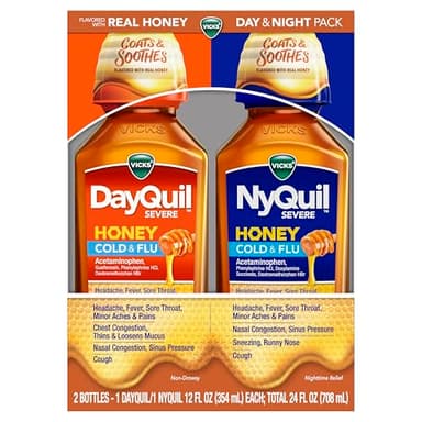 Vicks DayQuil & NyQuil SEVERE Honey Cold & Flu Medicine, Relief for Headache, Fever, Sore Throat, Minor Aches & Pains, Nasal Congestion, Sinus Pressure, Stuffy Nose, & Cough, Honey Flavor, 2x12 OZ