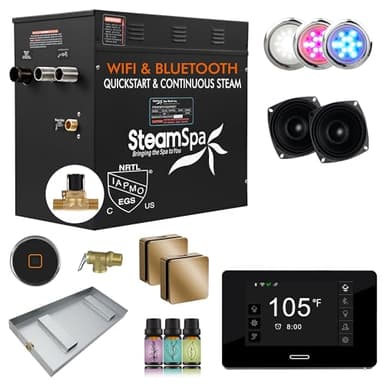 SteamSpa Steam System 12kW Steam Shower Generator with Bluetooth Wifi, Quickstart Continous Steam, Advanced Touch Pad Screen, Chroma Lights, Drain Pan and Auto Drain Gold RVBS1200GD-A