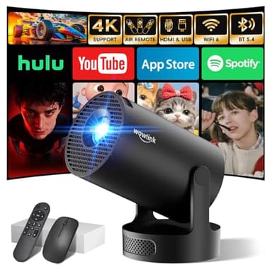[Built-in Apps & 2026 Upgraded] Mini Projector with WiFi 6 and Bluetooth 5.4 Support 4K 1080P Auto Keystone 180° Rotatable Projector Portable Compatibile with HDMI/TV Stick/Memory Stick/Laptop, Dark