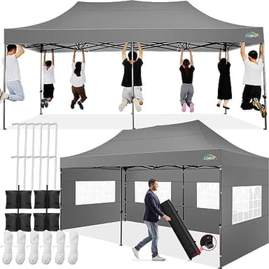 COBIZI 10x20 Pop up Canopy Tent 10x20 Canopy with 6 Sidewalls Waterproof Heavy Duty Commercial Tent for Parties Outdoor Garden Gazebo, Carry Bag with Wheel(10x20ft, Gray)
