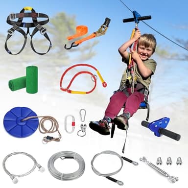 CTSC Zipline for Kids and Adult, Zip line Kits for Backyard with Stainless Steel Spring Brake, Cable Tensioning Kit, Safety Harness, 2 Tree Protectors and Full Set of Zip line Accessories