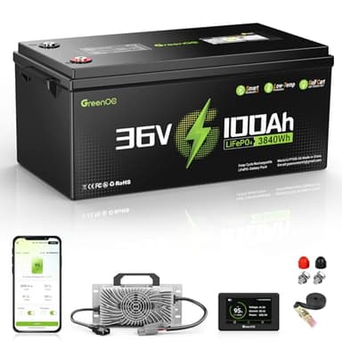 36V 100Ah Lithium Golf Cart Battery, 36V LiFePO4 Battery, Built-in 200A BMS, Golf Cart Batteries with Bluetooth APP & LCD Monitor, 43.8V 20A Charger, Max with 7.68kW Output, 1000A Peak Current
