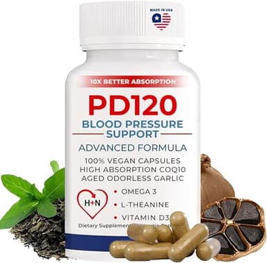 PD120 Natural Blood Pressure Support Supplement: 8-in-1 Formula With Black Odorless Garlic, High-absorption CoQ10 (pack of 1)