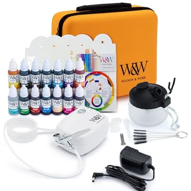 Watson & Webb Maker Selection - 29pcs Cake Airbrush Decorating Kit - Inc Professional Mains Powered Spray Gun, 13 Matte Colors, Stencils, Case, Spraytidy, Tools - for Food, Cakes, Cookies & Baking