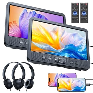 10.1" Dual Car DVD Players with HDMI Input, Headphones, Mounting Brackets, Headrest DVD Players for Car Support USB/SD Card, AV in/Out, Last Memory, Play A Same or Two Movies, No Battery