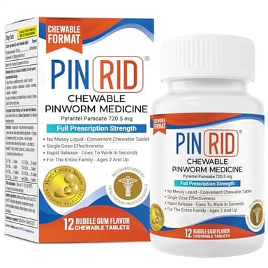 PIN RID - Pinworm Medicine for Family 2+, Bubble Gum Chewable Tablets (12 Doses) - 250mg Pyrantel Pamoate - Single-Dose Parasite Cleanse for Humans - Allergen Free