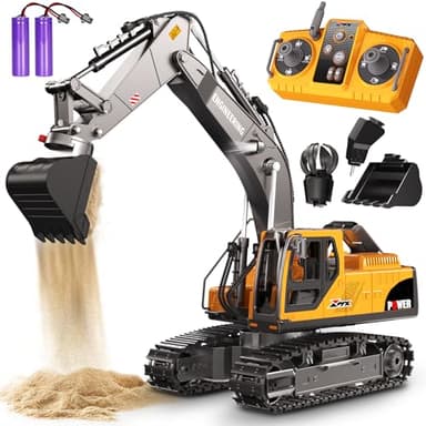 Remote Control Excavator Toys, 3-in-1 Metal Bucket/Claw/Drill, Turns 680° - Construction Toys with Lights/2 Recharge Batteries/Music, Christmas Birthday Gifts Mini RC Excavator Toys Boys for 3+