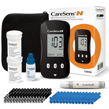 CareSens N Blood Glucose Monitor Kit with 100 Blood Sugar Test Strips, 100 Lancets, 1 Blood Glucose Meter, 1 Lancing Device, 1 Control Solution, Travel Case for Diabetes Testing for Personal Use