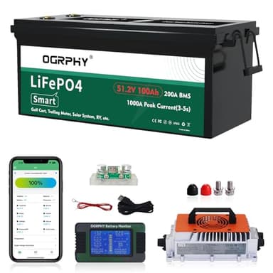 OGRPHY 48 Volt Lithium Battery for Golf Cart with 18A Charger, 48V Lithium Battery with 200A BMS, LCD & Mobile Monitor, 5.12kWh with 10.24kW Output, 1000A Peak Current for Golf Cart(100AH)