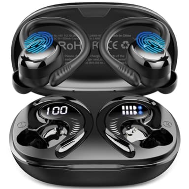 Hupoaf Wireless Earbuds Sport, New Bluetooth 5.4 Headphones with Earhooks, 50H Stereo Deep Bass Over Ear Buds with 4 ENC Noise Canceling Mics, IP7 Waterproof Earphones for Running Workout Gym -Black