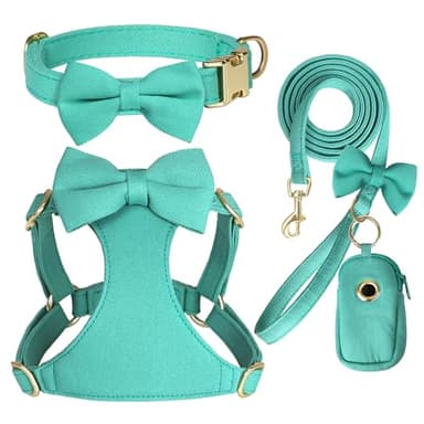 Beirui Adorable Small Dog Harness Collar and Leash Set,Cute Puppy Harness Set with 3 Bows for Small Dogs,Shih Tzu,Dachshund,Adjustable Step-in Vest for Daily Walking,Parties&Holiday Outfits(Teal,S)