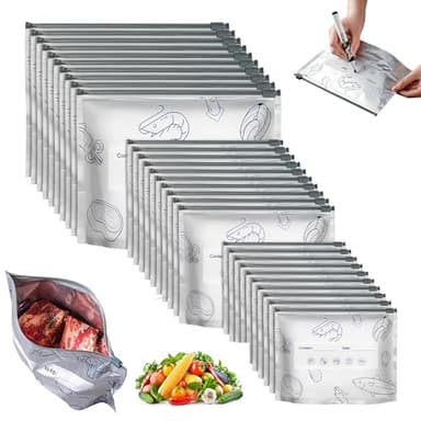 Reusable Aluminum Foil Food Storage Bags, Resealable Ziplock Stand-Up Bags, Airtight Seal for Freezer Fridge Pantry, with Label & 3 Sizes, BPA-Free, for Meat Fruit Vegetables Snacks, 30 Pack