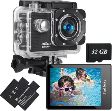 Jadfezy 32GB Action Camera Ultra HD 1080P, 12MP Sports Camera Wide-Angle 2" LCD Screen, 30m/98ft Underwater Waterproof Camera with 2 Batteries and Accessories Kit for Helmet and Bicycle etc.