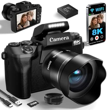 8K Digital Cameras for Photography, WiFi 64MP Vlogging Camera for YouTube, 4" Touch Screen Digital Camera with Dual Lens, Auto Focus, 16X Digital Zoom, 3000mAh Battery, 32GB Card, Black