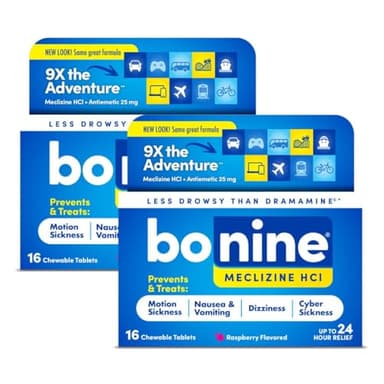 Bonine Non-Drowsy Motion Sickness Relief - 32 Chewable Tablets with Meclizine HCL 25mg - Non Drowsy Medicine for Nausea or Motion Sickness - Cruise Essentials - Raspberry Flavor